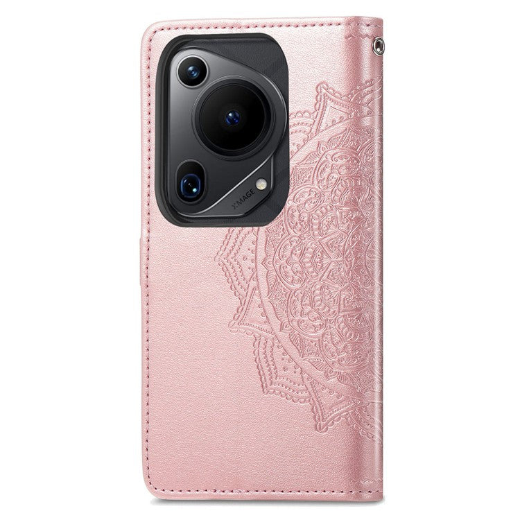 For Huawei Pura 70 Ultra Case PU Leather Mandala Flower Phone Cover with Strap - Rose Gold