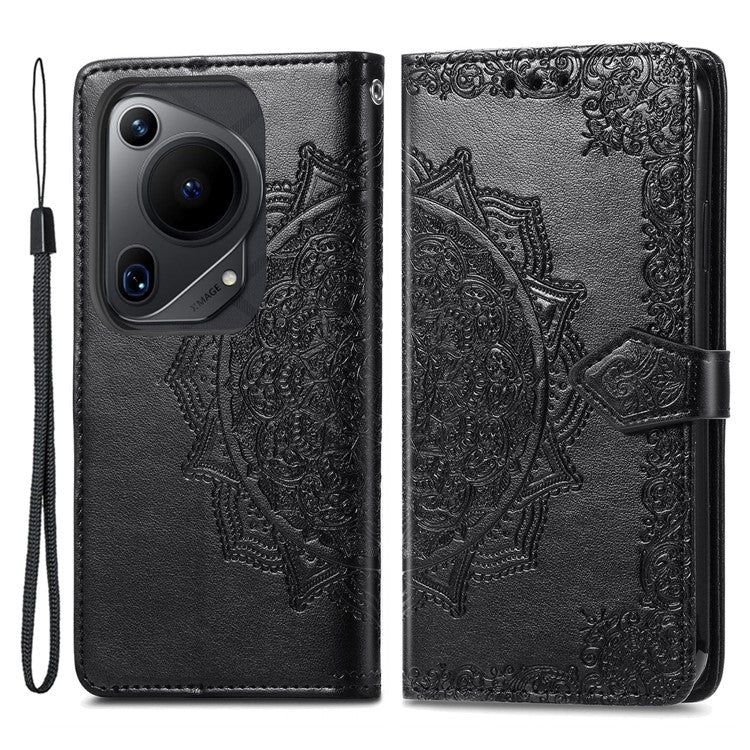 For Huawei Pura 70 Ultra Case PU Leather Mandala Flower Phone Cover with Strap - Black
