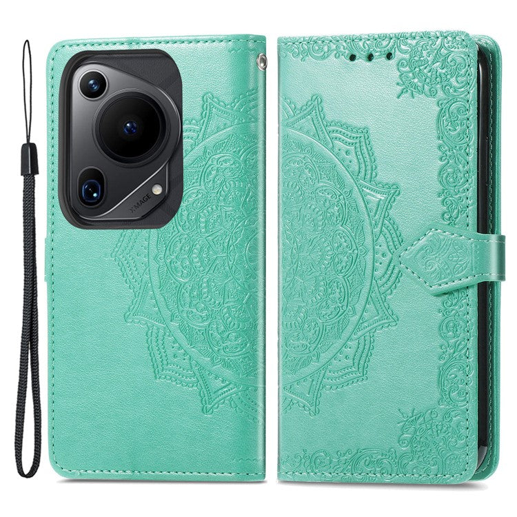 For Huawei Pura 70 Ultra Case PU Leather Mandala Flower Phone Cover with Strap - Green