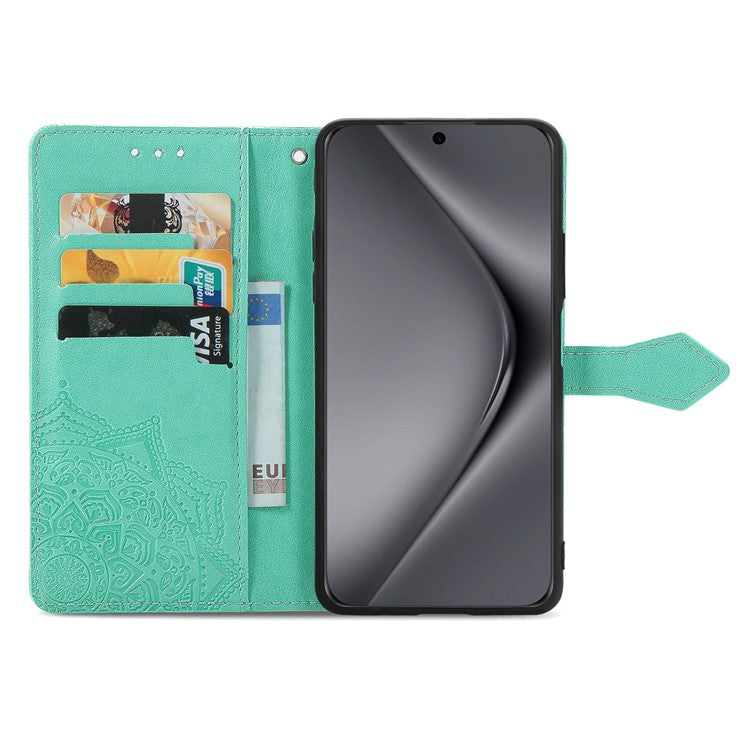 For Huawei Pura 70 Ultra Case PU Leather Mandala Flower Phone Cover with Strap - Green
