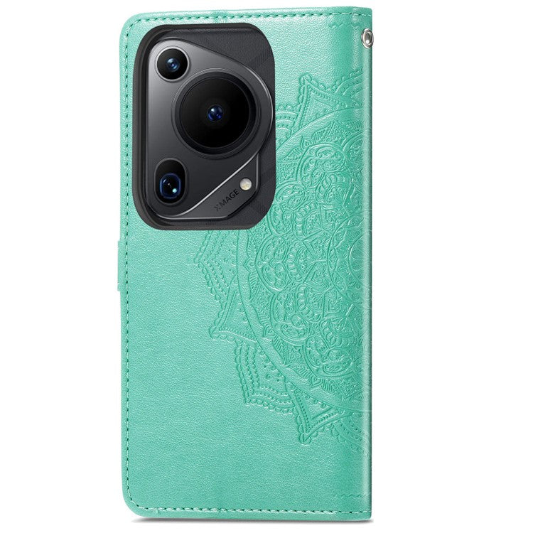 For Huawei Pura 70 Ultra Case PU Leather Mandala Flower Phone Cover with Strap - Green