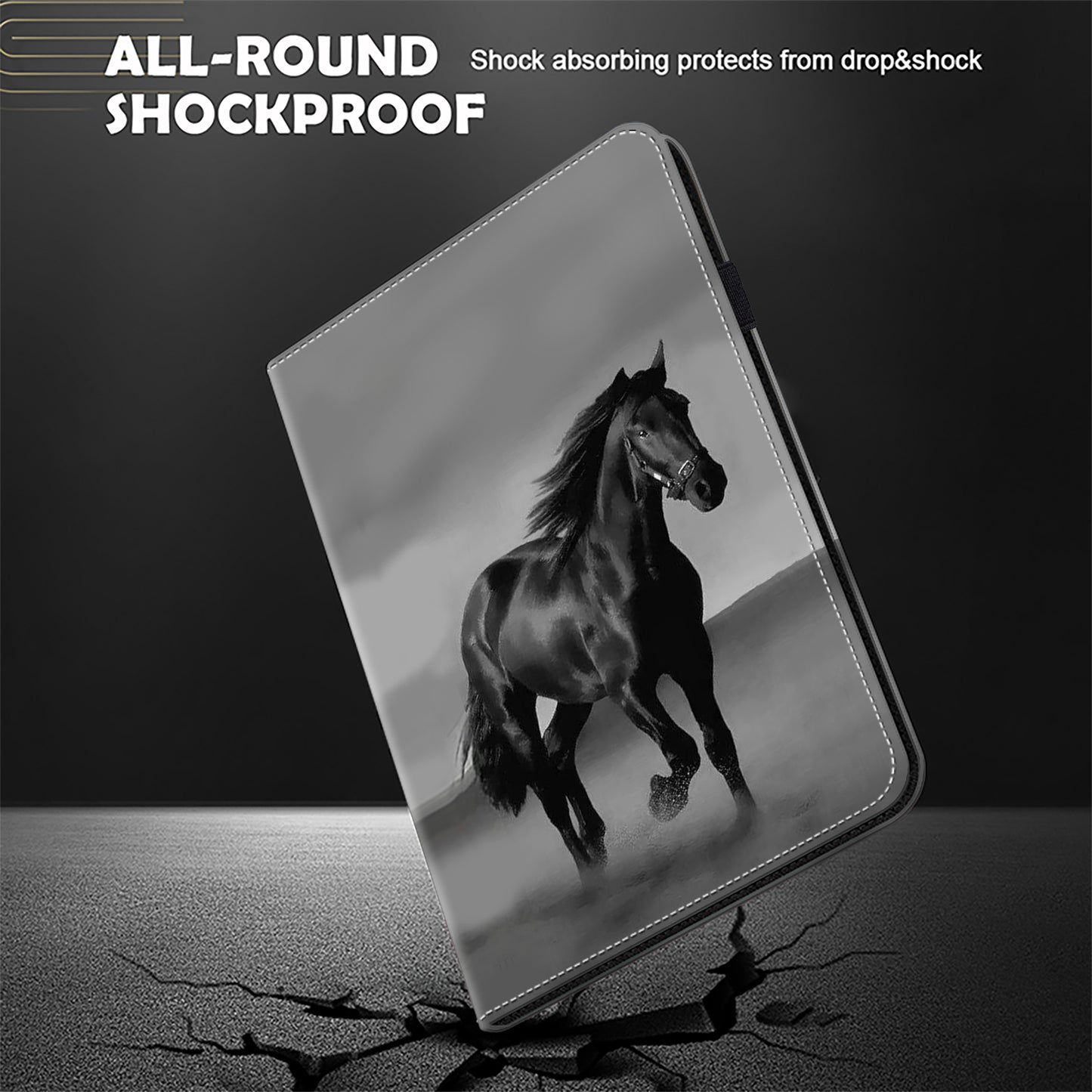 For Samsung Galaxy Tab S10 / S9 / Tab S9 FE Case Folio Stand PU Leather Pattern Tablet Cover - Black Horse