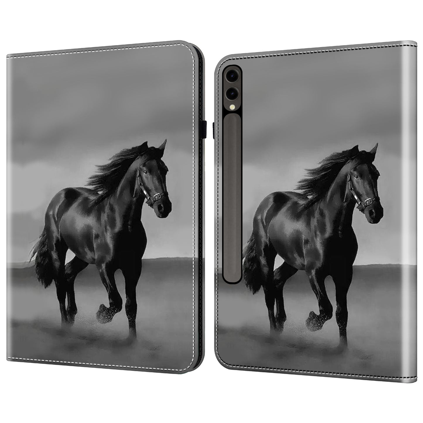 For Samsung Galaxy Tab S10+ / S9+ / S9 FE+ Case Pattern Printing PU Leather Tablet Cover with Stand Function - Black Horse