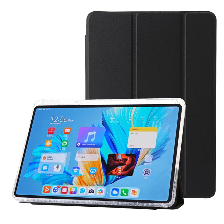 For Huawei MatePad 11.5 S Case Tri-fold Stand PU Leather+TPU+Clear Acrylic Tablet Cover - Black