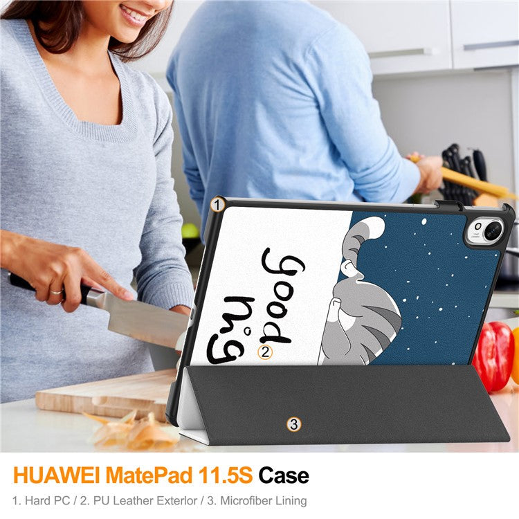 For Huawei MatePad 11.5 S Case Tri-Fold Stand Pattern Print Leather Tablet Cover with Auto Wake / Sleep - Cat