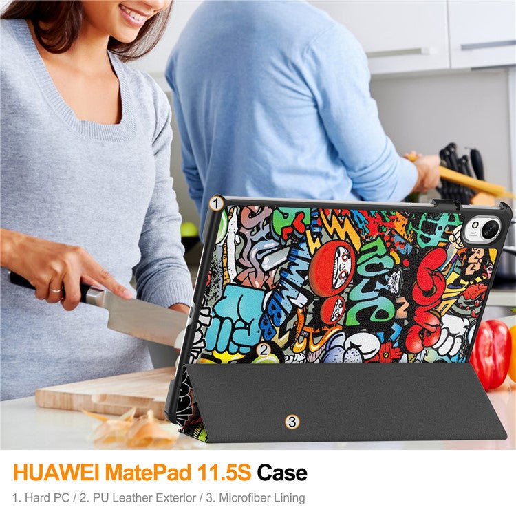 For Huawei MatePad 11.5 S Case Tri-Fold Stand Pattern Print Leather Tablet Cover with Auto Wake / Sleep - Graffiti