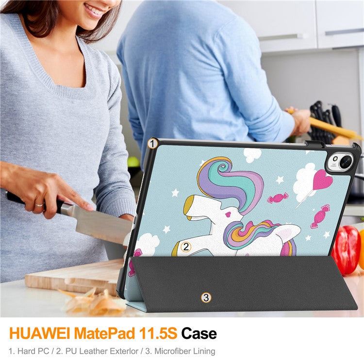 For Huawei MatePad 11.5 S Case Tri-Fold Stand Pattern Print Leather Tablet Cover with Auto Wake / Sleep - Horse