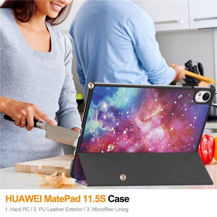 For Huawei MatePad 11.5 S Case Tri-Fold Stand Pattern Print Leather Tablet Cover with Auto Wake / Sleep - Galaxy