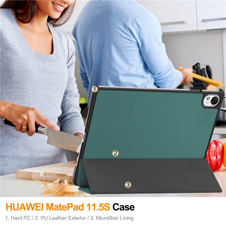 For Huawei MatePad 11.5 S Case Auto Wake / Sleep Tri-Fold Stand Leather Tablet Cover - Blackish Green