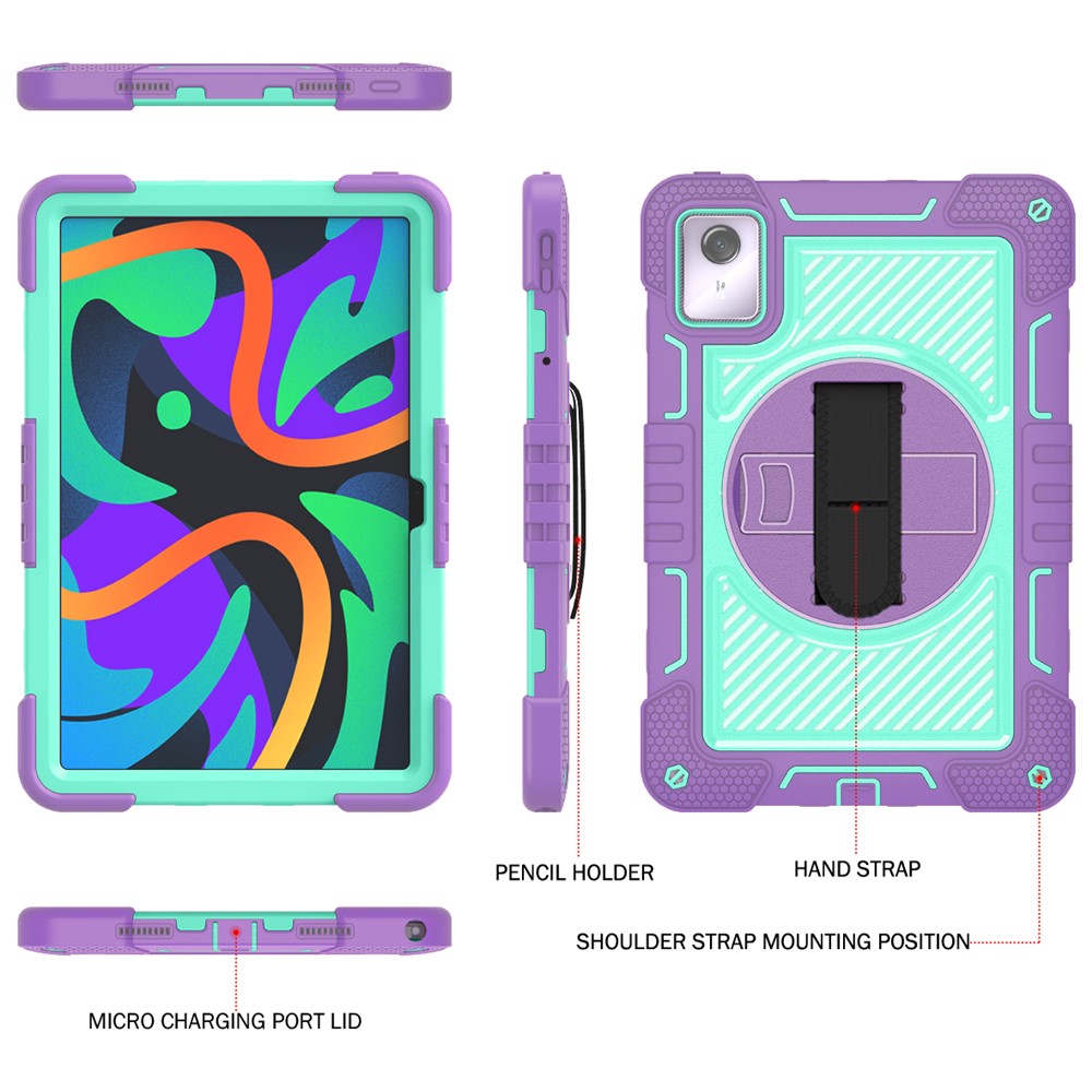 For Lenovo Tab M11 / Xiaoxin Pad 11 2024 Case Silicone+PC Kickstand Tablet Cover with Shoulder Strap - Purple+Cyan Green