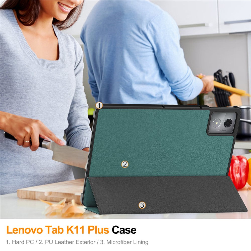 For Lenovo Tab K11 Plus Shockproof Case Leather Stand Tablet Cover - Blackish Green