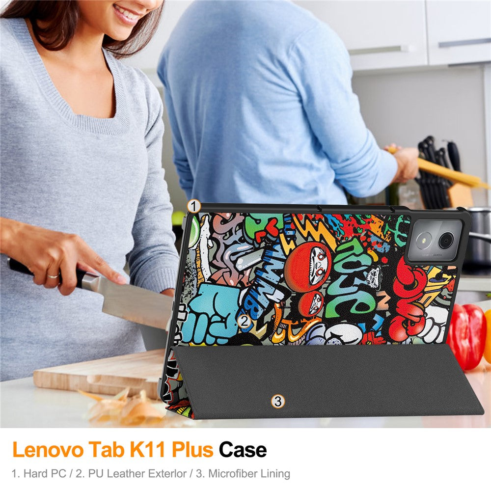For Lenovo Tab K11 Plus Case Pattern Print Leather Tablet Cover with Stand - Graffiti
