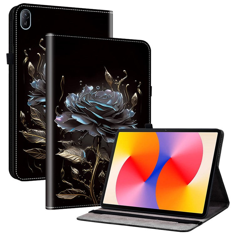 For Huawei MatePad SE 11 Case Pattern Print PU Leather Stand Tablet Cover with Card Slots - Black Rose