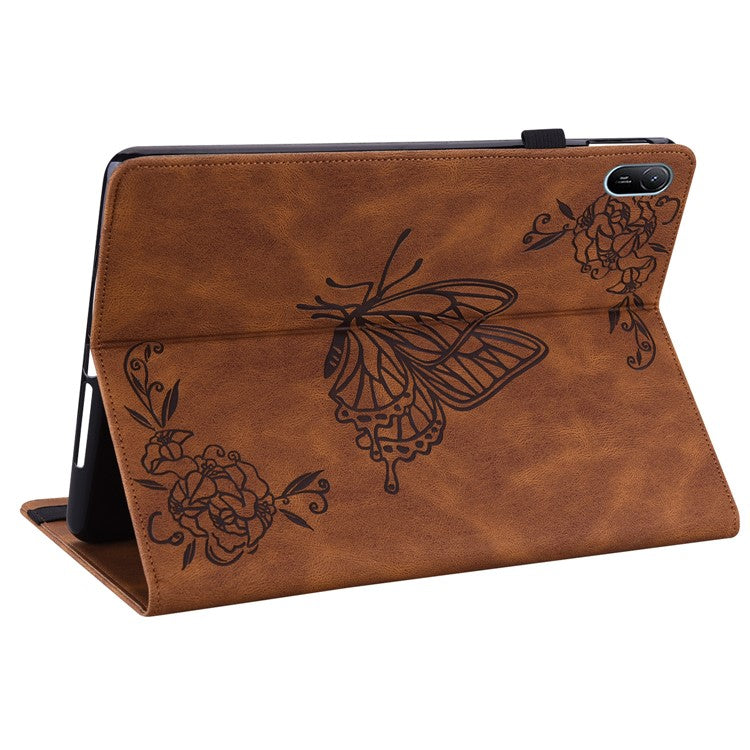 For Huawei MatePad SE 11 Case Imprinted Butterfly Flower PU Leather Flip Card Slots Tablet Cover - Brown