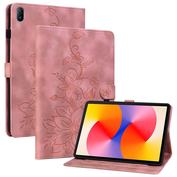 For Huawei MatePad SE 11 Case Lily Flower Imprint Leather Tablet Cover with Card Slots - Pink