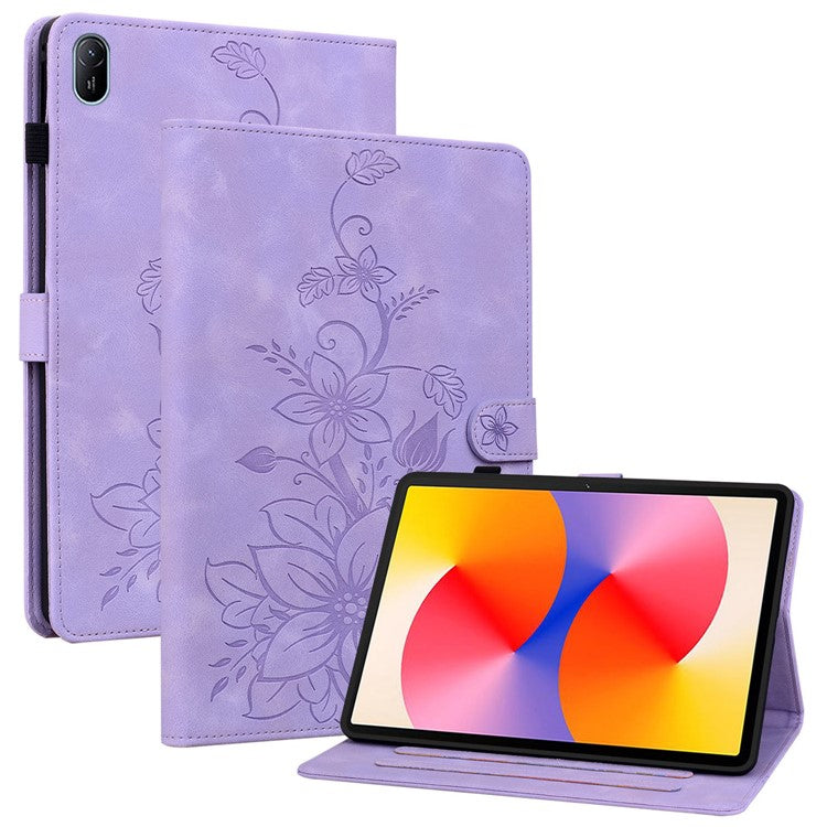 For Huawei MatePad SE 11 Case Lily Flower Imprint Leather Tablet Cover with Card Slots - Purple