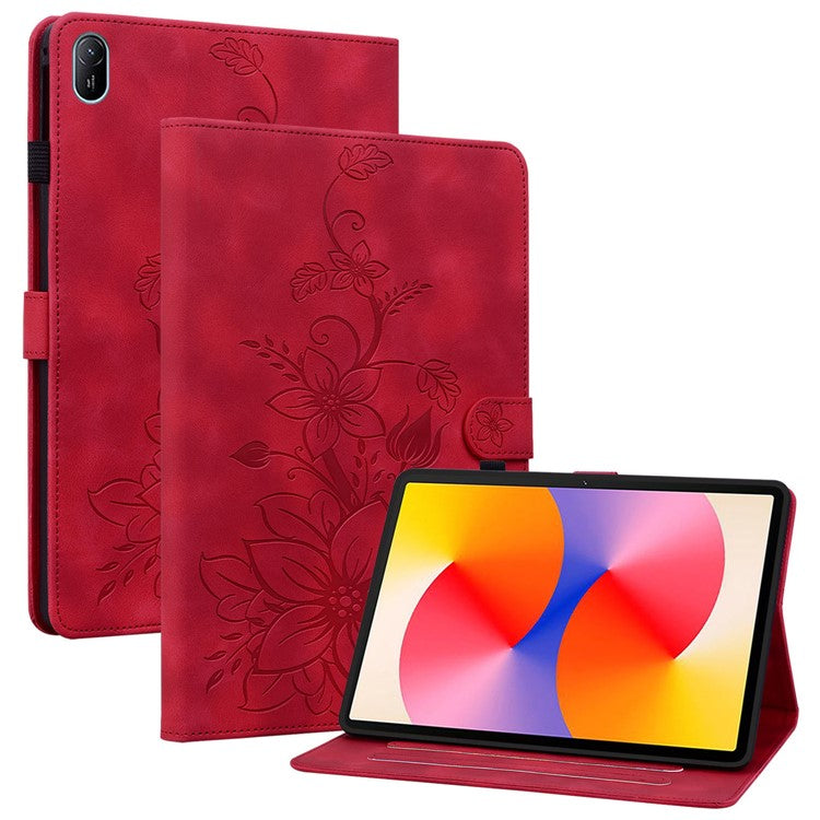 For Huawei MatePad SE 11 Case Lily Flower Imprint Leather Tablet Cover with Card Slots - Red