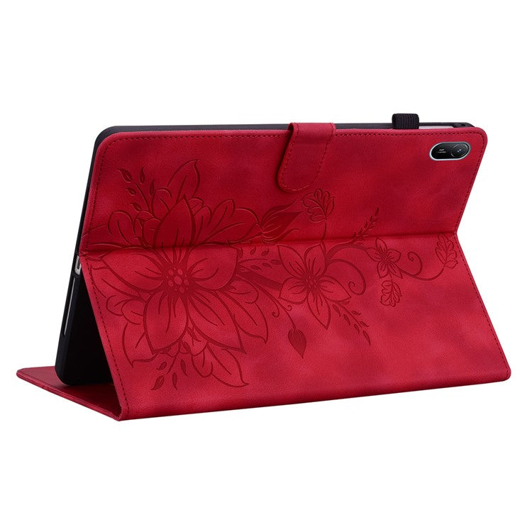 For Huawei MatePad SE 11 Case Lily Flower Imprint Leather Tablet Cover with Card Slots - Red