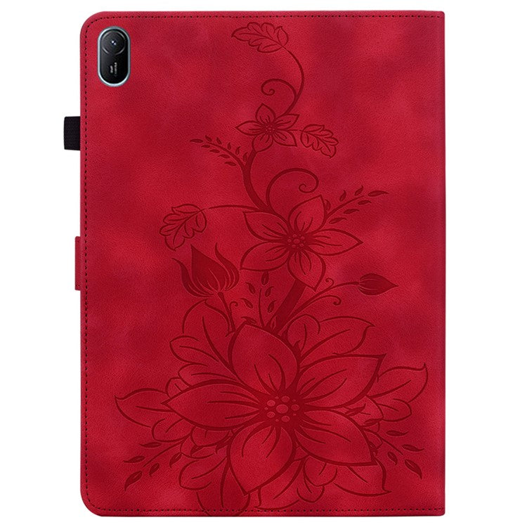 For Huawei MatePad SE 11 Case Lily Flower Imprint Leather Tablet Cover with Card Slots - Red