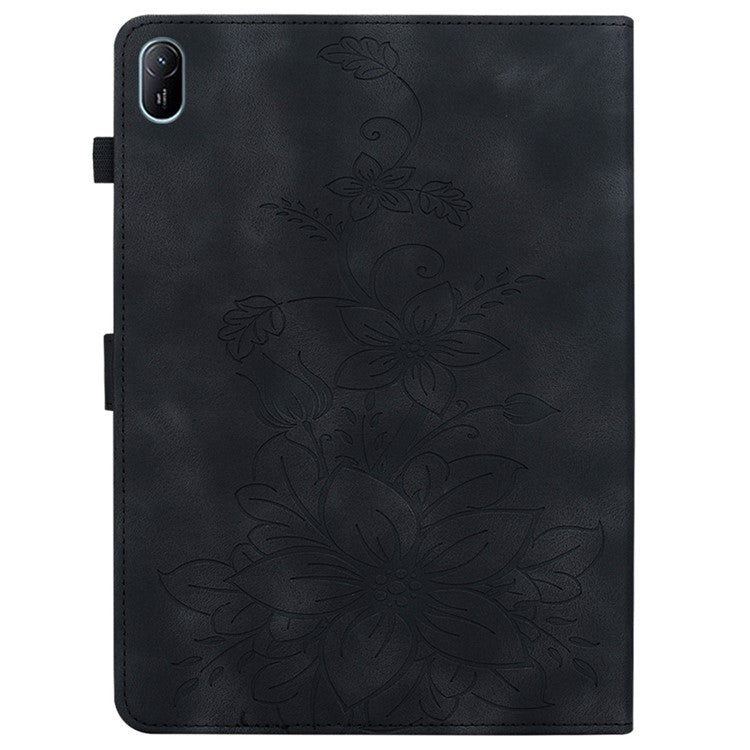 For Huawei MatePad SE 11 Case Lily Flower Imprint Leather Tablet Cover with Card Slots - Black