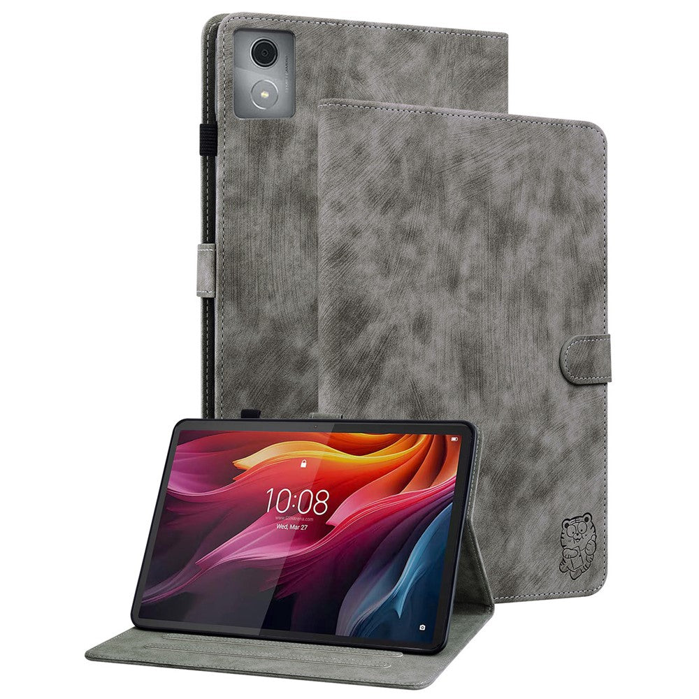 For Lenovo Tab K11 Plus Cases Anti-Slip Tiger Imprint PU Leather Tablet Cover - Grey