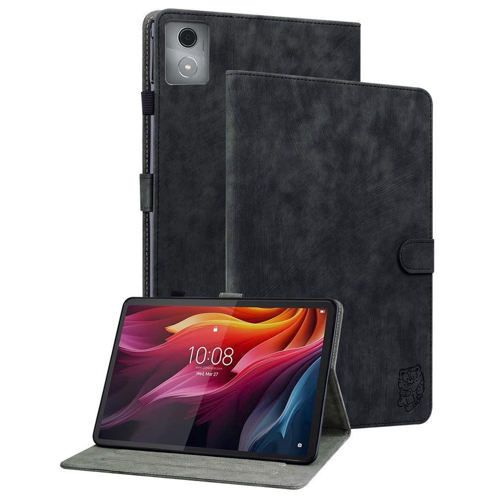 For Lenovo Tab K11 Plus Cases Anti-Slip Tiger Imprint PU Leather Tablet Cover - Black