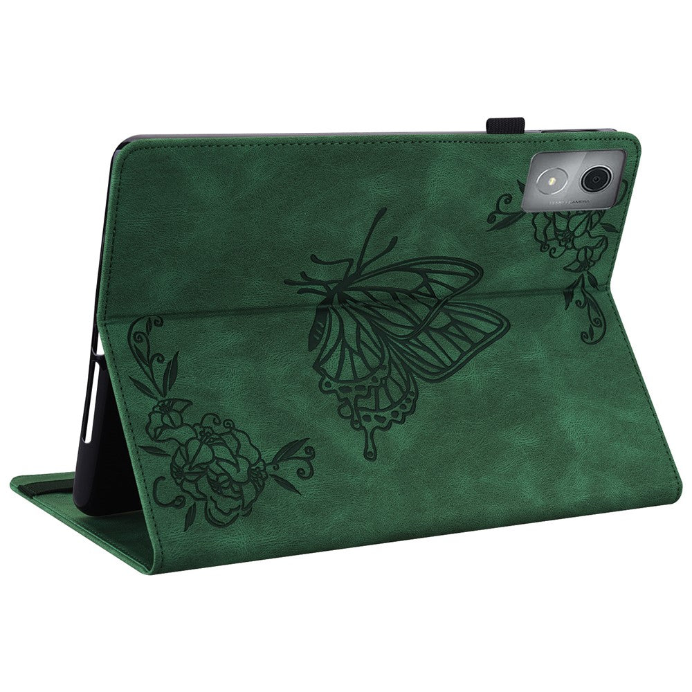 For Lenovo Tab K11 Plus Case Butterfly Flower Imprint PU Leather Tablet Cover with Card Slots - Green