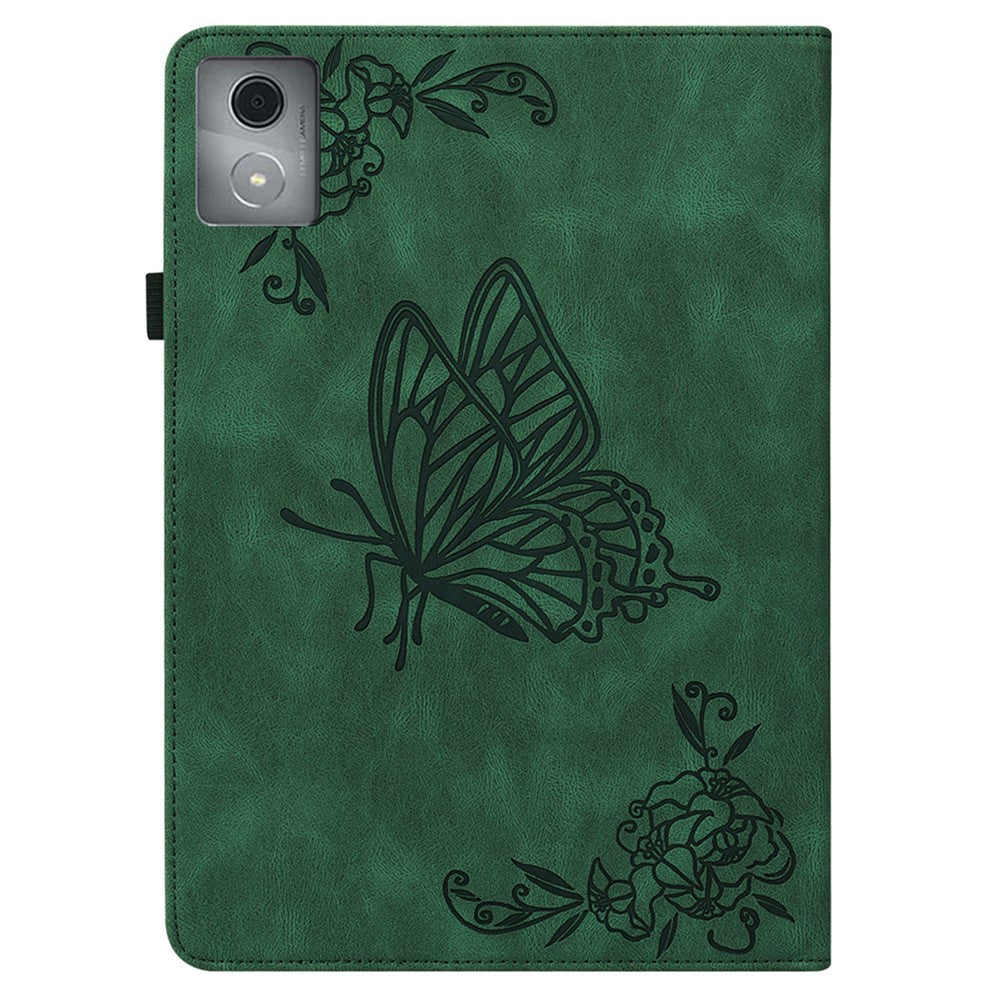 For Lenovo Tab K11 Plus Case Butterfly Flower Imprint PU Leather Tablet Cover with Card Slots - Green