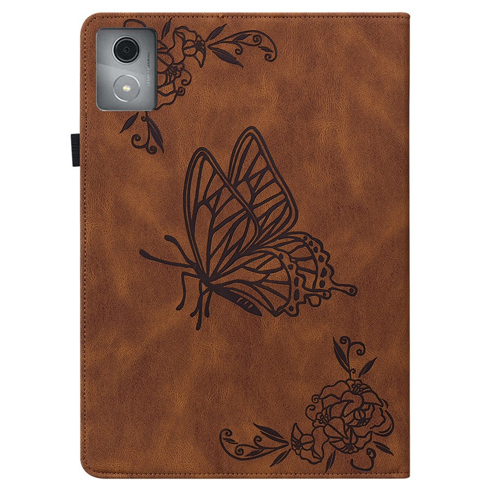For Lenovo Tab K11 Plus Case Butterfly Flower Imprint PU Leather Tablet Cover with Card Slots - Brown