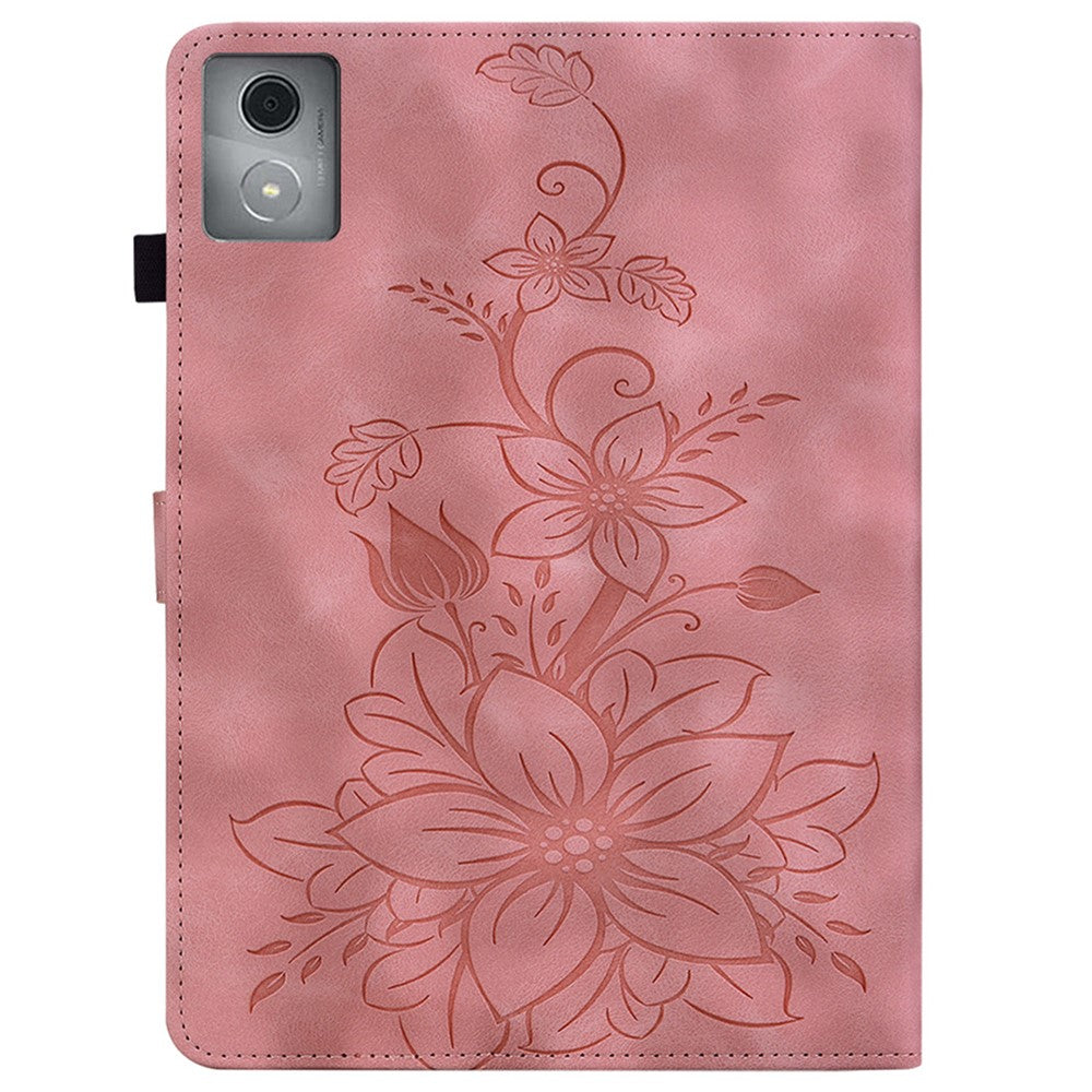 For Lenovo Tab K11 Plus Case Lily Flower Imprint Card Slots Leather Tablet Cover - Pink