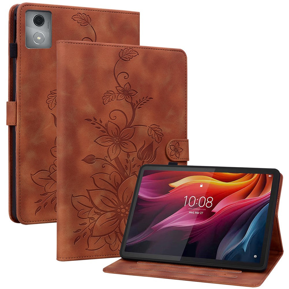 For Lenovo Tab K11 Plus Case Lily Flower Imprint Card Slots Leather Tablet Cover - Brown