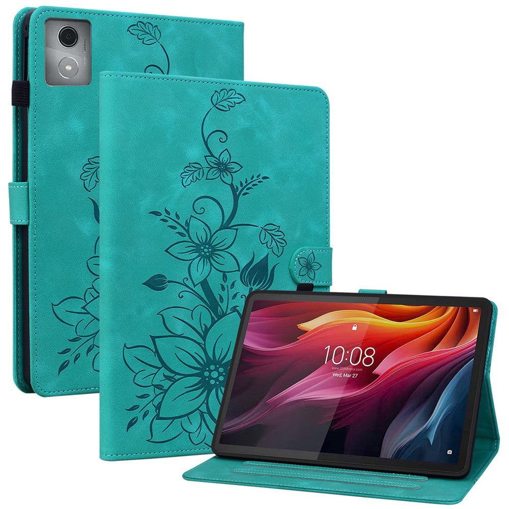 For Lenovo Tab K11 Plus Case Lily Flower Imprint Card Slots Leather Tablet Cover - Green