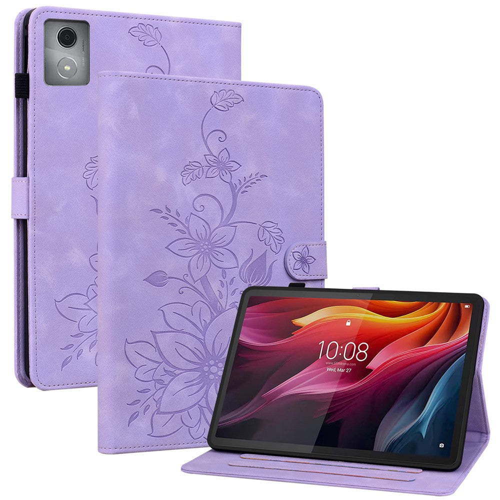 For Lenovo Tab K11 Plus Case Lily Flower Imprint Card Slots Leather Tablet Cover - Purple