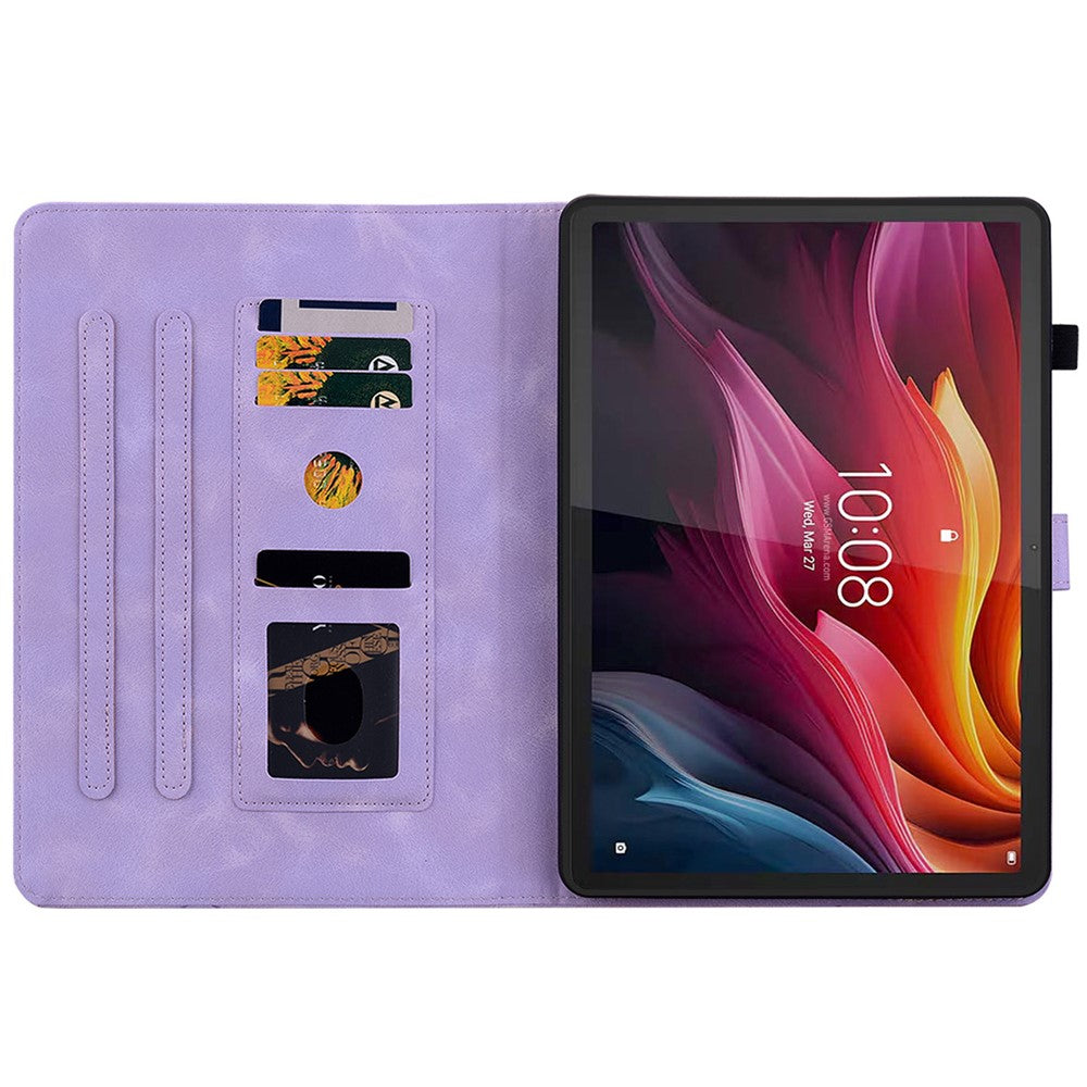 For Lenovo Tab K11 Plus Case Lily Flower Imprint Card Slots Leather Tablet Cover - Purple