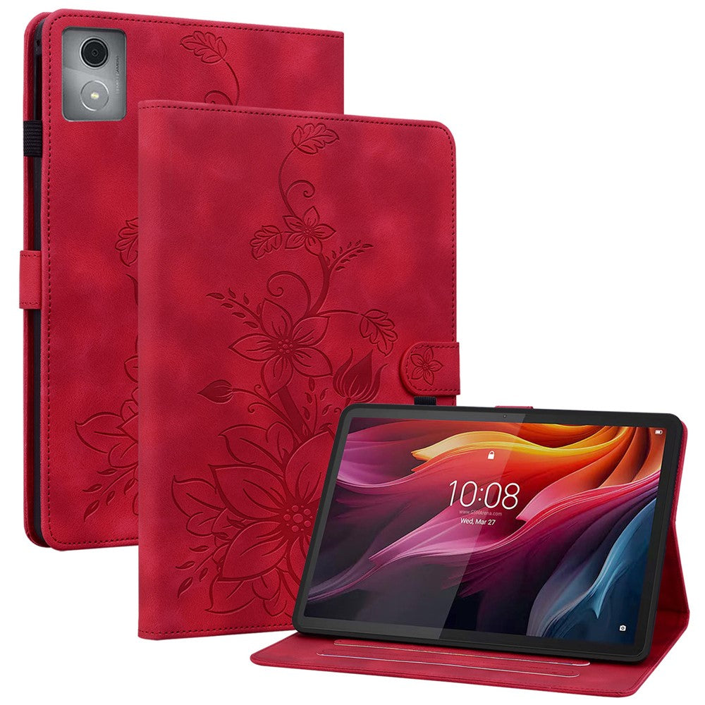 For Lenovo Tab K11 Plus Case Lily Flower Imprint Card Slots Leather Tablet Cover - Red