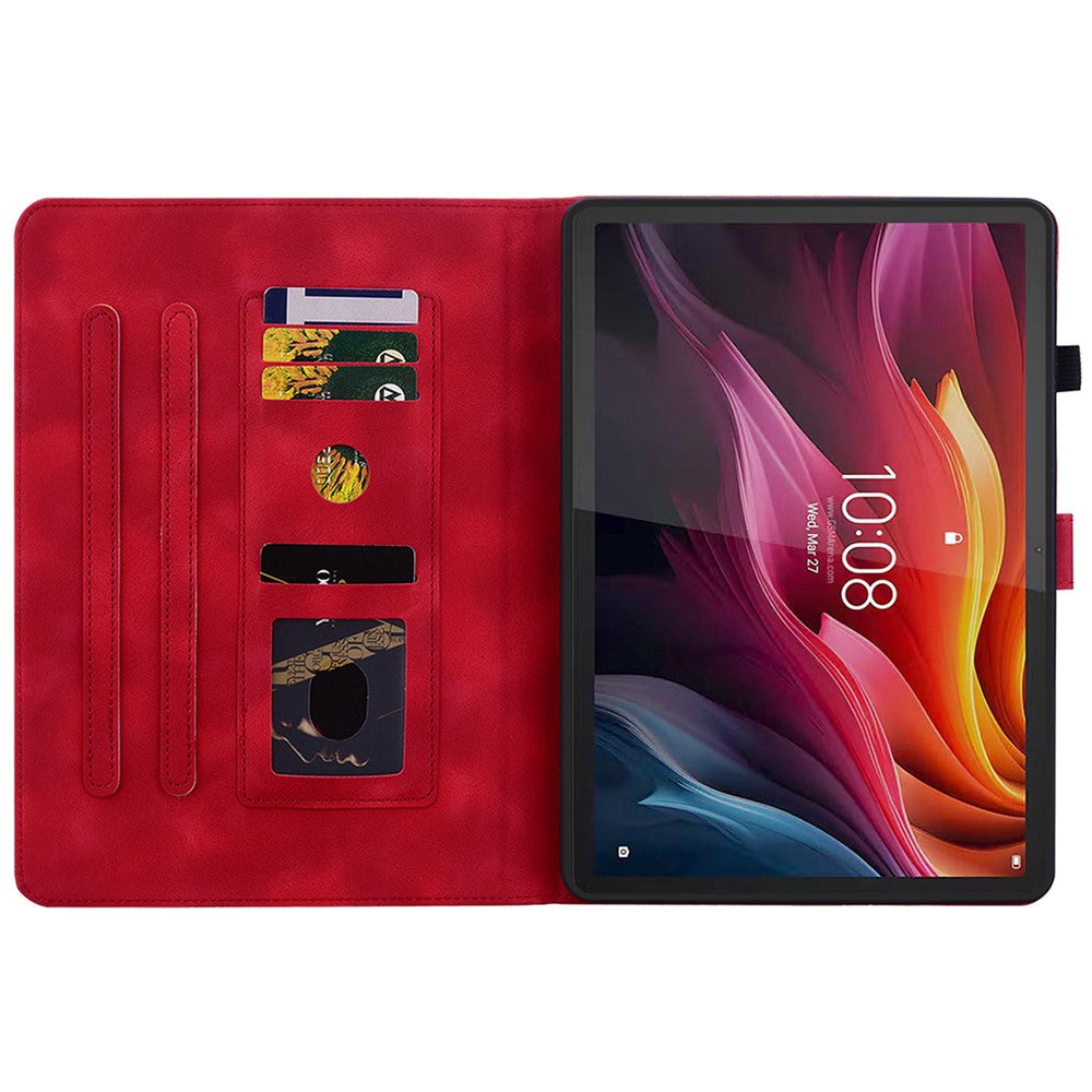 For Lenovo Tab K11 Plus Case Lily Flower Imprint Card Slots Leather Tablet Cover - Red