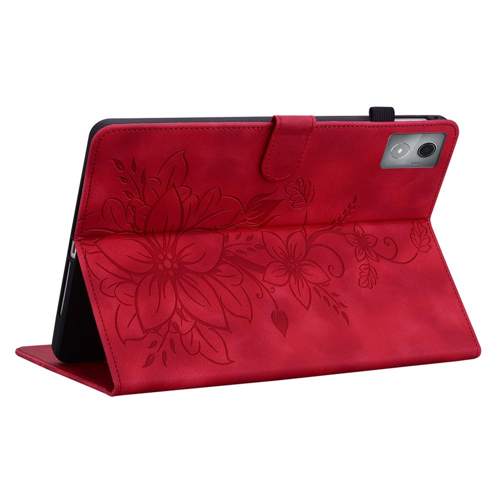For Lenovo Tab K11 Plus Case Lily Flower Imprint Card Slots Leather Tablet Cover - Red