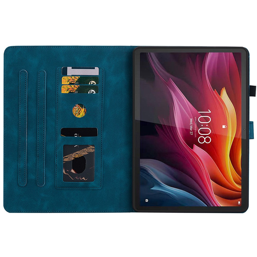 For Lenovo Tab K11 Plus Case Lily Flower Imprint Card Slots Leather Tablet Cover - Blue