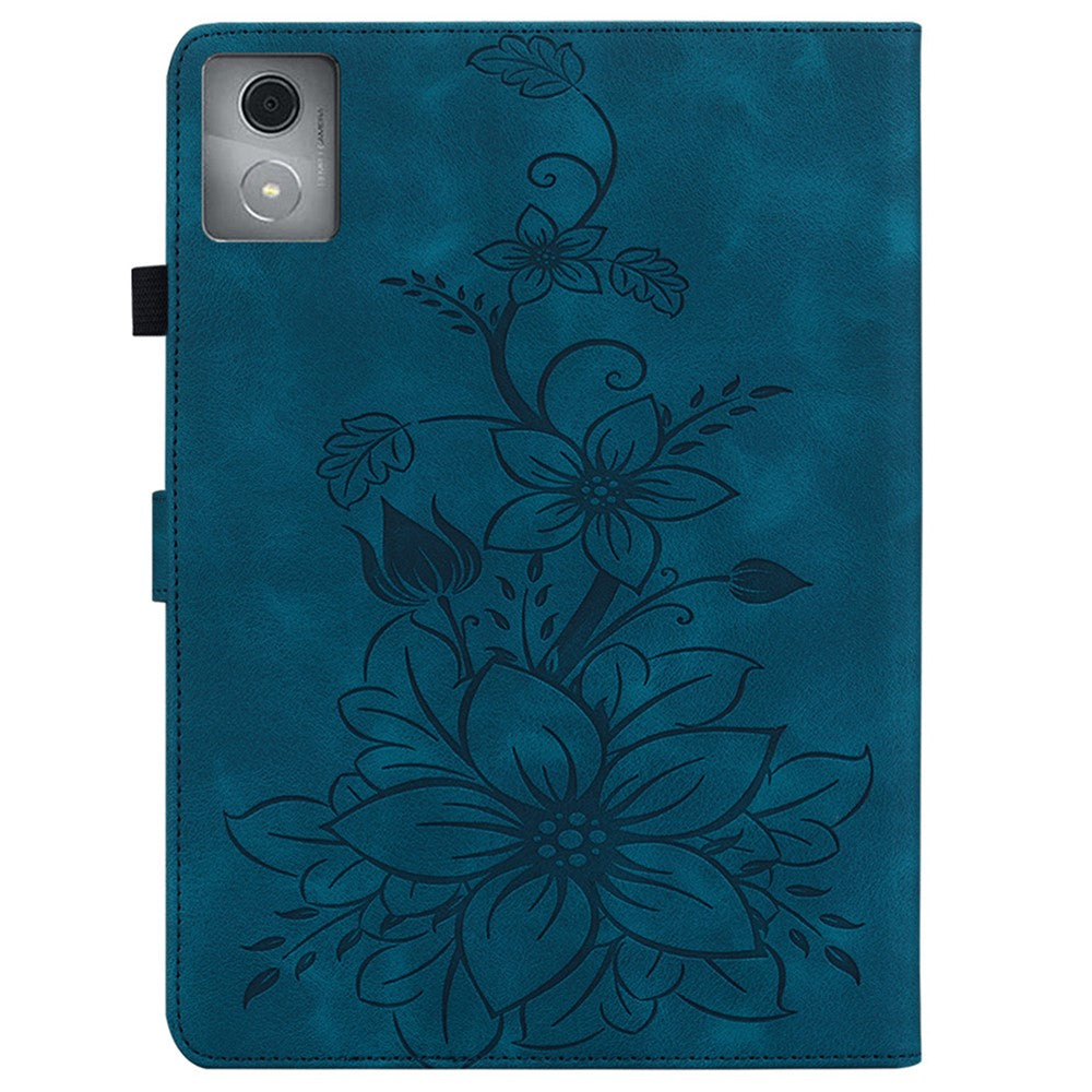 For Lenovo Tab K11 Plus Case Lily Flower Imprint Card Slots Leather Tablet Cover - Blue