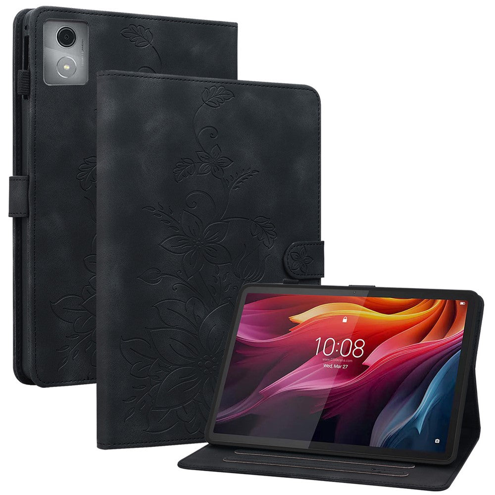For Lenovo Tab K11 Plus Case Lily Flower Imprint Card Slots Leather Tablet Cover - Black