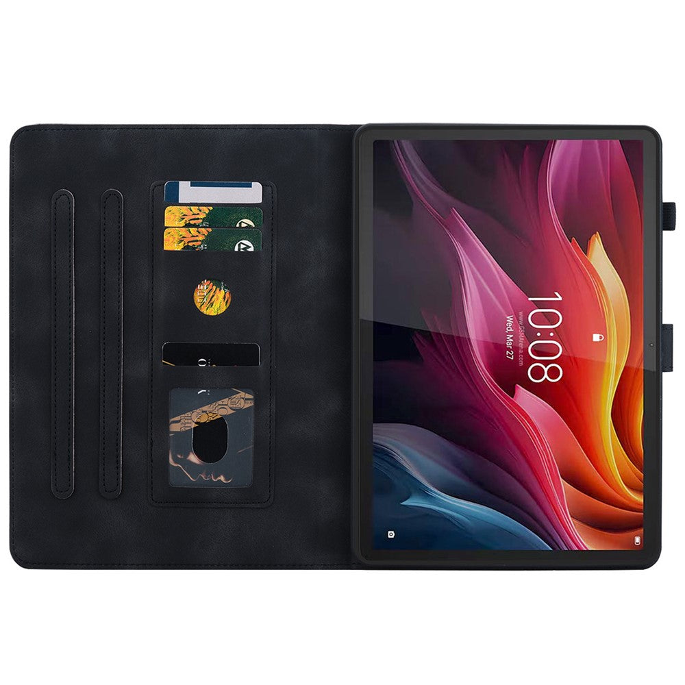 For Lenovo Tab K11 Plus Case Lily Flower Imprint Card Slots Leather Tablet Cover - Black