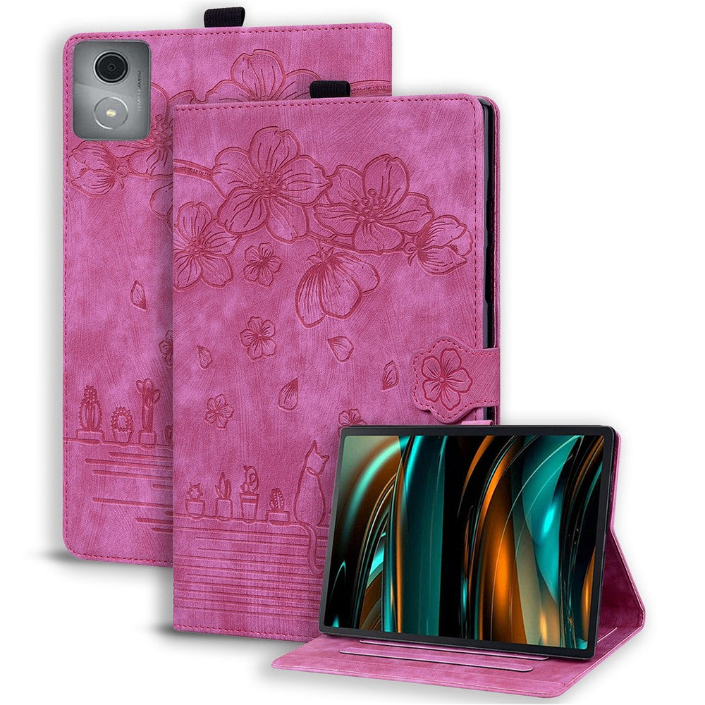 For Lenovo Tab M11 Plus / Tab K11 Plus Case Leather Stand Tablet Cover Flower Cat Card Slots - Rose