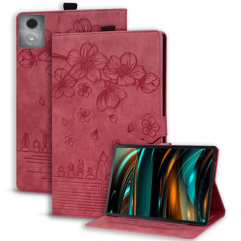 For Lenovo Tab M11 Plus / Tab K11 Plus Case Leather Stand Tablet Cover Flower Cat Card Slots - Wine Red