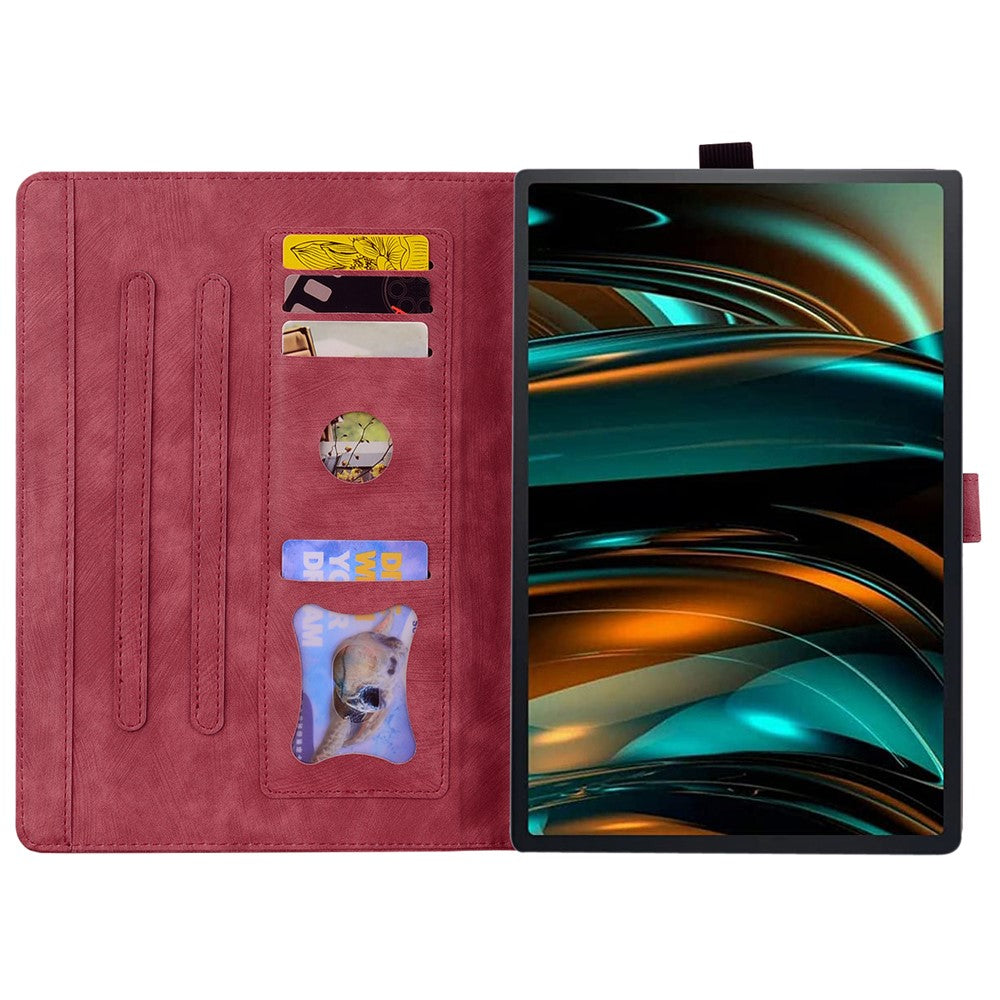 For Lenovo Tab M11 Plus / Tab K11 Plus Case Leather Stand Tablet Cover Flower Cat Card Slots - Wine Red