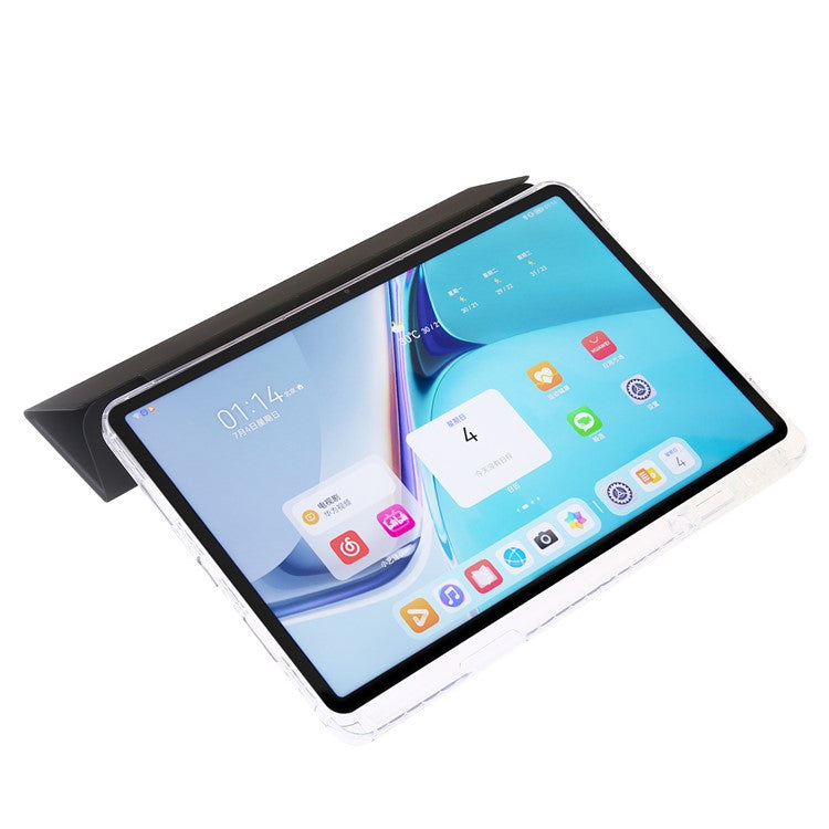 For Huawei MatePad SE 11 Case Tri-Fold Stand Leather+TPU+Acrylic Clear Back Tablet Cover - Black