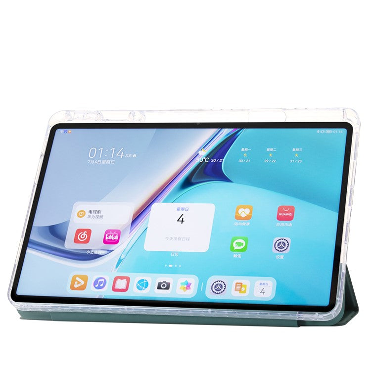 For Huawei MatePad SE 11 Case Tri-fold Stand Leather+TPU+Acrylic Clear Back Tablet Cover - Blackish Green