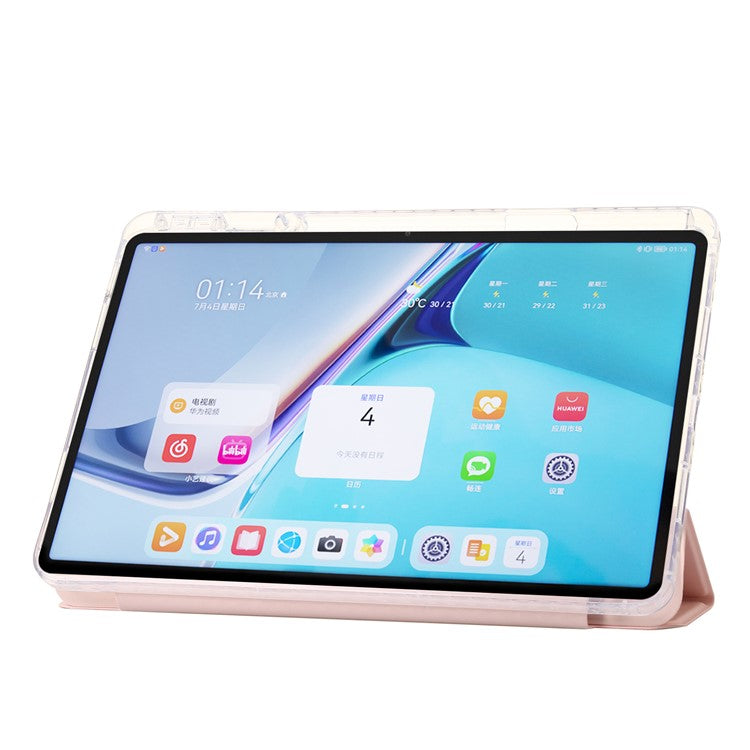 For Huawei MatePad SE 11 Case Tri-fold Stand Leather+TPU+Acrylic Clear Back Tablet Cover - Pink