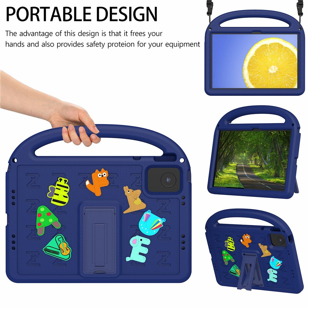 For Lenovo Tab M11 Kickstand Case Cartoon Design Anti-Drop EVA+PC Tablet Cover with Strap - Navy Blue
