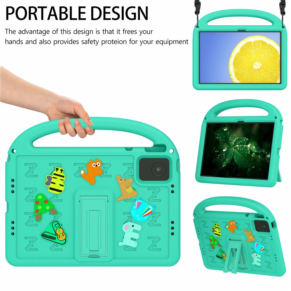 For Lenovo Tab M11 Kickstand Case Cartoon Design Anti-Drop EVA+PC Tablet Cover with Strap - Green