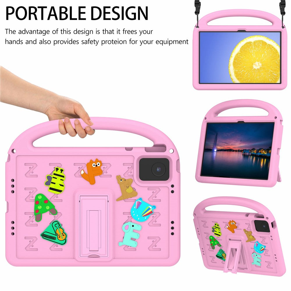 For Lenovo Tab M11 Kickstand Case Cartoon Design Anti-Drop EVA+PC Tablet Cover with Strap - Pink